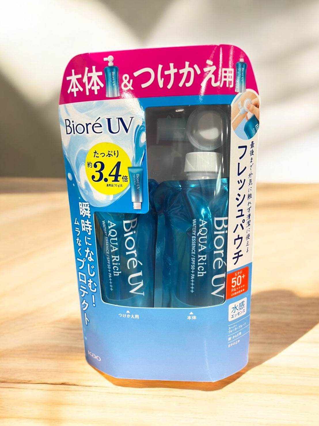 ビオレUVアクアウォータリーエッセンスSPF50+日焼け止め120g本体と詰め替えセット