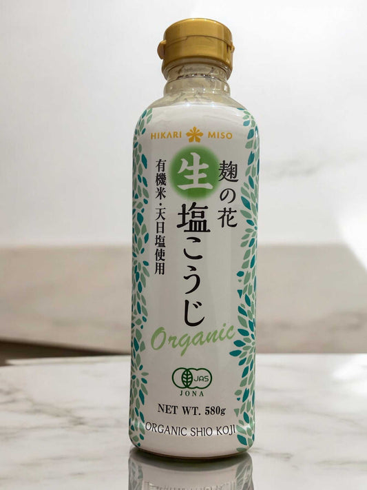 Hikari Miso organic shio koji 580g bottle with JAS certification.